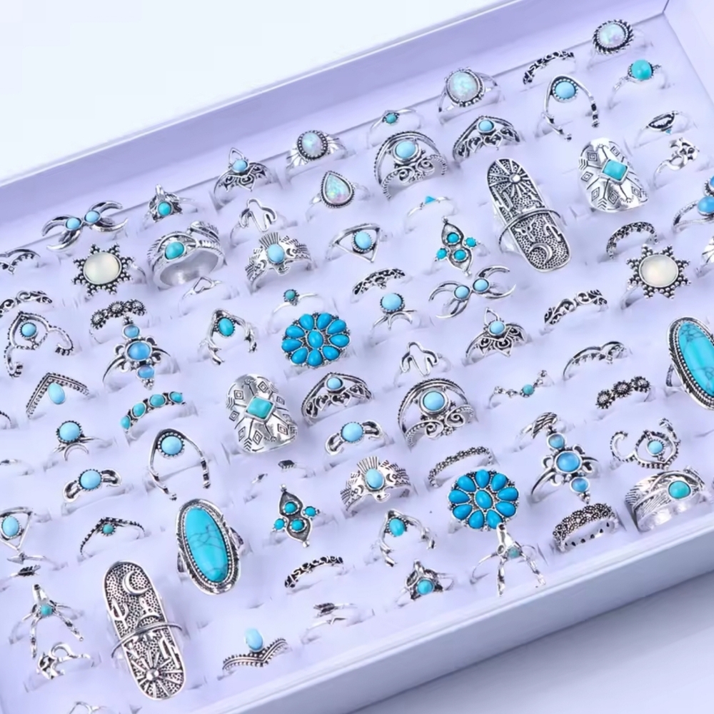 Boho Vintage Style Glass Turquoise Rings